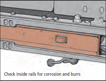 Check inside rails for corrosion and burrs